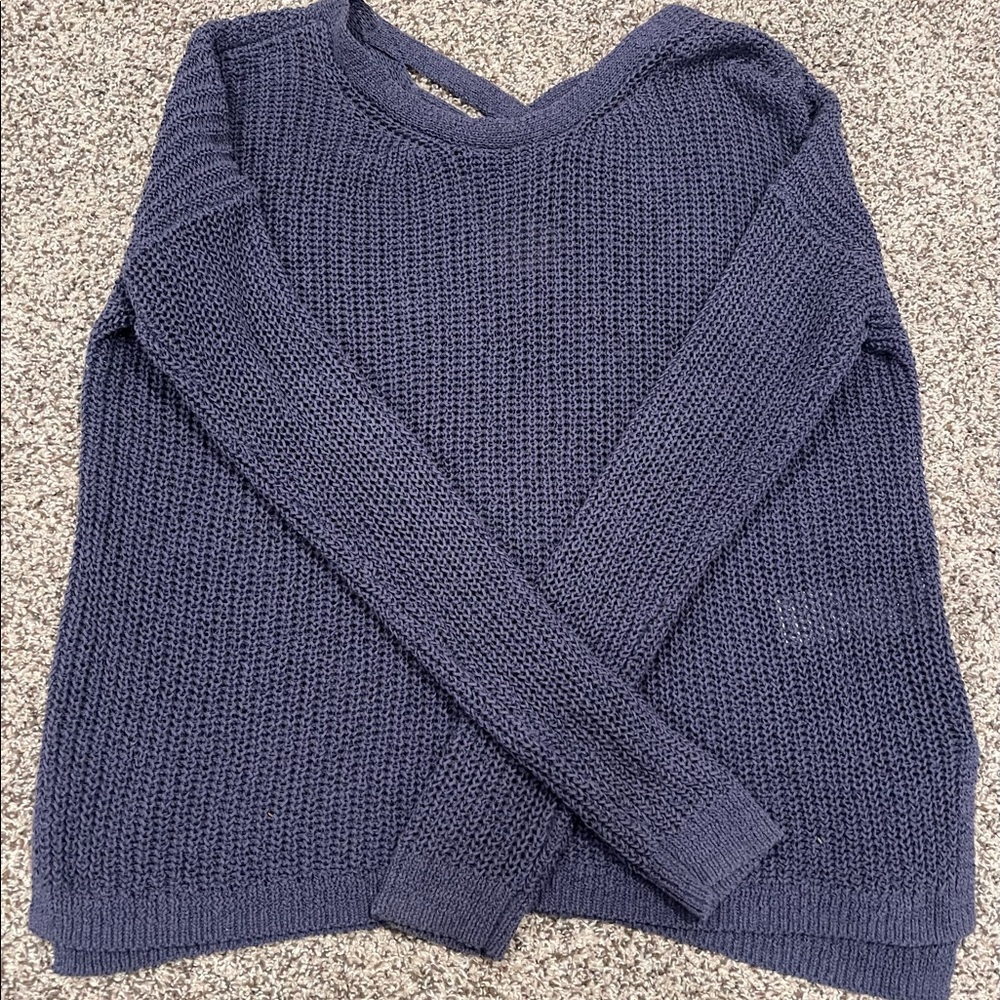 blue sweater with crisscross back